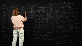 Time lapse of a female student writing algebra formulas and drawing graphics on blackboard. A young caucasian woman solves scientific problem. Teacher is focused on studies and explains math material. - Powered by Shutterstock - Get 15% off with code: PIKWIZARD15