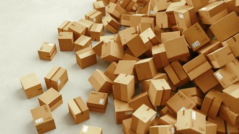 Falling and rotating cardboard boxes. Falling packages. Logistics and retail goods delivery commercial business concept. Professional slow motion 4K 3d animation.