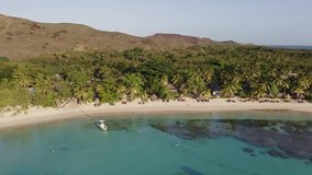 Aerial footage of the idyllic blue lagoon beach and coast in the Yasawa islands in Fiji in the south Pacific