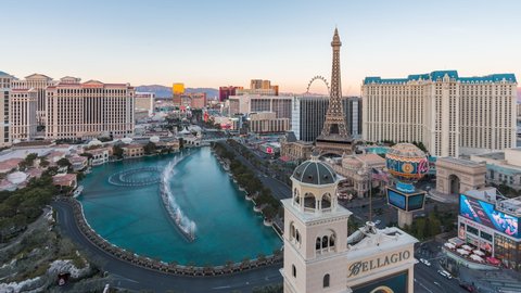 LAS VEGAS, USA - CIRCA JANUARY 2021 : Wide angle view of the Las Vegas Strip and city skyline at sunset, USA