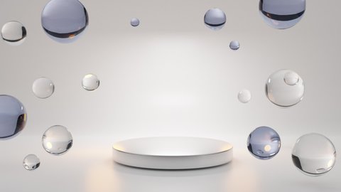 Luxury circular stage, pedestal or podium clear shiny underwater air bubbles. Water drops, glass balls or soap bubbles on white background blank space for product presentation. Realistic 3D animation.