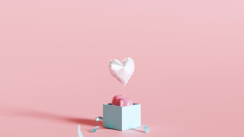 3D Animation. Heart Balloons floating out of blue gift box on pastel pink background.