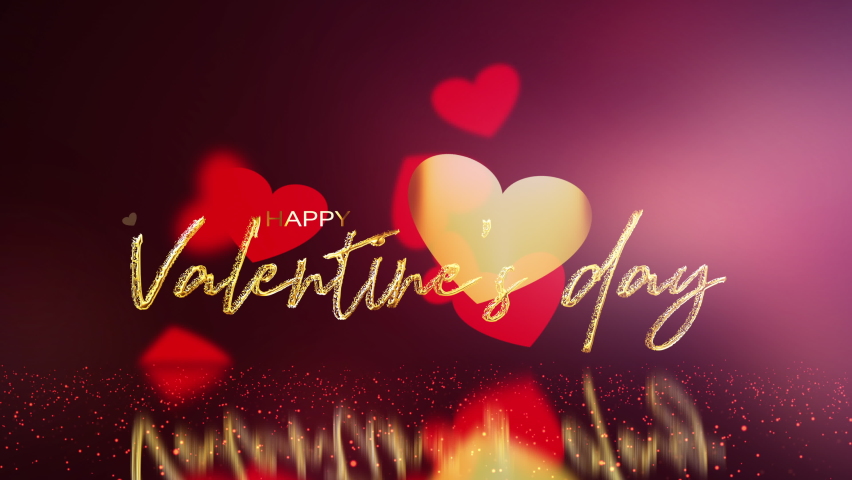 Loop animation Happy Valentines Day gold text letters with flying and rotate red hearts on black background with ground reflection. 4K 3D romantic Valentines day Gold Text Titles Greeting VDO footage. Royalty-Free Stock Footage #1065739435
