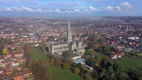 Aerial view over Salisbury and Salisbury Cathedral on a summer morning, Salisbury, Wiltshire, England