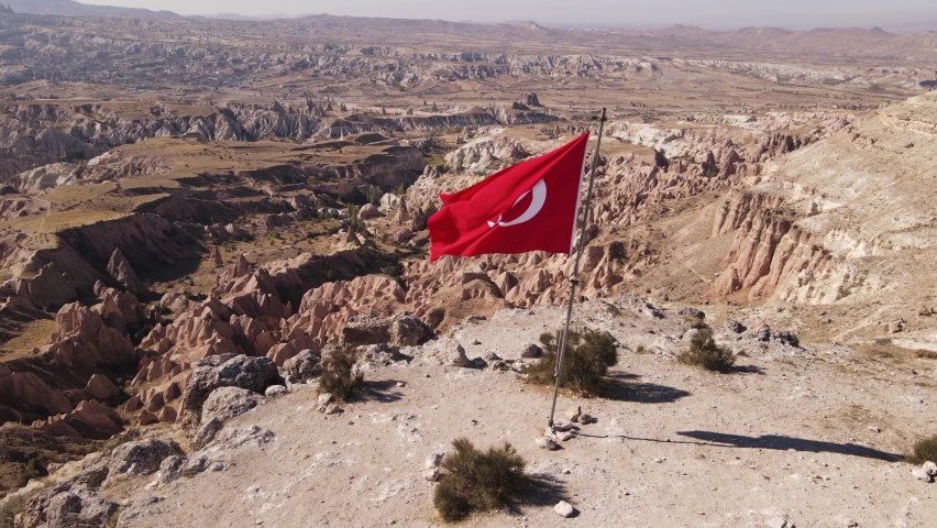 Flag of Turkey in Cappadocia. Aerial view Royalty-Free Stock Footage #1065751267