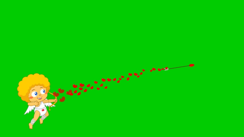 Baby Cupid Cartoon Character Shooting Heart Arrows. 4K Animation Video Motion Graphics On Green Screen Background