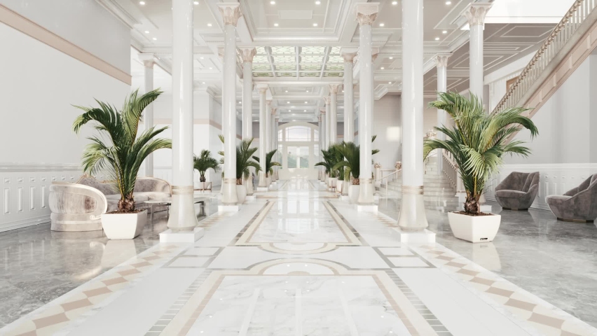 Interior of a classic hall with columns. Luxurious hotel lobby interior. Hotel Design. 3d visualization.