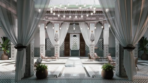 Outdoor courtyard in Moroccan style. Moroccan interior design. Architecture traditional arabian design. Courtyard in luxurious Moroccan design. 3d visualization