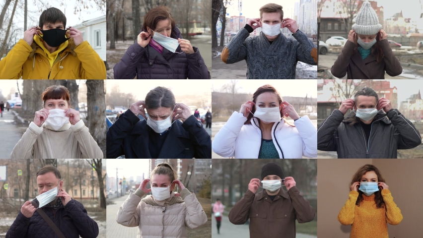 Collage of twelve people of different sex and age. They simultaneously put protective medical masks on their faces. | Shutterstock HD Video #1065758578