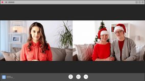 christmas, technology and holidays concept - happy young woman having video call with senior couple in messenger