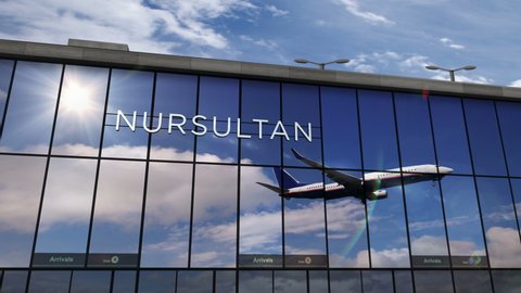 Jet aircraft landing at Nur-Sultan, Astana, Kazakhstan 3D rendering animation. Arrival in the city with the glass airport terminal and reflection of the plane. Travel, tourism and transport concept.