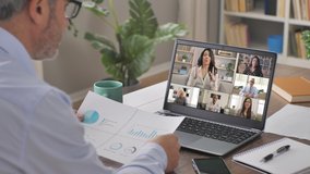 business people communicate using video chat conference laptop app,female ceo executive leader talking with her work group during an online meeting sharing company data report,remote working concept