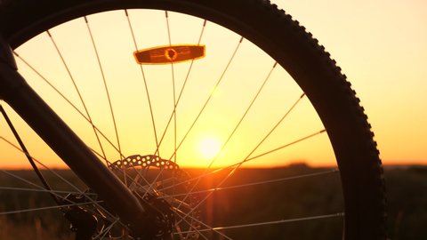 The bicycle wheel is spinning. Glare of the sun through the spokes of the bicycle wheel. Bicycle wheel rotation. Cyclist training. Sports Healthy lifestyle. The cyclist looks at the wheel