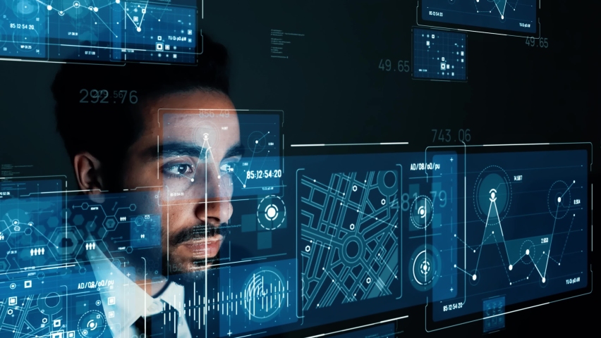 Asian businessman watching hologram screens. GUI (Graphical User Interface). - Powered by Shutterstock - Get 15% off with code: PIKWIZARD15