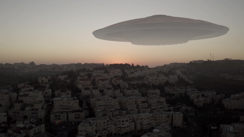 Alien Spaceship ufo hovering over city at sunset - aerial view
, drone view over Jerusalem city in Israel with visual effect element, invasion sci fi concept
