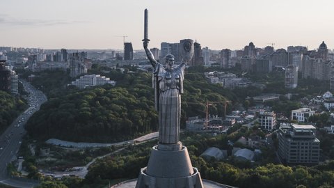 Kiev, Ukraine, circa 2020 - Establishing Aerial View Shot of Kyiv Kiev, glorious The Motherland Monument, Ukraine