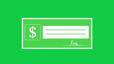 Money Cheque Animated Icon on Green Screen Background. 4K Flat Animated Icon to Improve Your Project and Explainer Video.