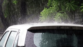 4K Video : Heavy rainfall on car’s roof during rainy season.  