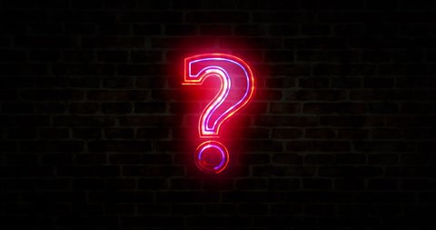 Question mark, query symbol, knowledge, faq, education, search and quiz neon sign on brick wall loop concept. Abstract 3d rendering loopable and seamless animation.