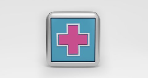 Rotation around its axis, a rectangular metal sign with a medical cross. 3d render.