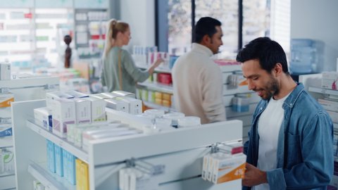 Big Moder Pharmacy Drugstore: Diverse Group of Multi-Ethnic Customers Browsing, Searching, Comparing Medicine Packages, Drugs Boxes, Pill Vitamins, Supplements, Purchasing Health Care Products.