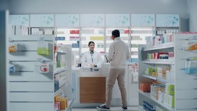 Pharmacy Drugstore: Beautiful Young Woman Chooses to Buy Medicine, Drugs, Vitamins, Searches for the Best Choice. Cashier at Checkout Counter Serves Customers. Shelves with Health Care Products - Powered by Shutterstock - Get 15% off with code: PIKWIZARD15