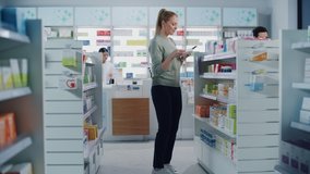 Pharmacy Drugstore: Beautiful Young Woman Chooses to Buy Medicine, Drugs, Vitamins, Searches for the Best Choice. Cashier at Checkout Counter Serves Customers. Shelves with Health Care Products - Powered by Shutterstock - Get 15% off with code: PIKWIZARD15