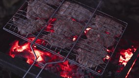 Cooking pork shish kebab in a grid on charcoal grill. High quality 4k footage