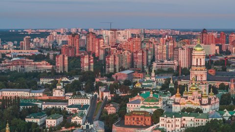 Establishing Aerial View Shot of Kyiv Kiev, Pechersk Lavra, Monastery of Caves, Ukraine, morning red color