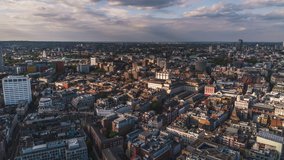Establishing Aerial View Shot of London UK, Covent Garden and Fitzrovia, United Kingdom