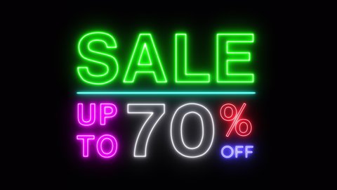Flashing of sale up to percent off colorful neon blaze sign motion banner in black background for promote video. concept of promotion brand sale series 10-90%
