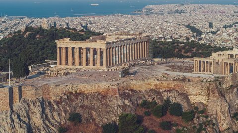 Establishing Aerial View Shot of Athens, Parthenon, Acropolis and port of Piraeus, Greece