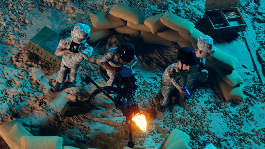 Military guys in a trench with wires are attacking a target. Protecting the fort. Fighting soldiers are shooting to enemies during a battle. Open fire. Blasts. Explosions. In the middle of the fight.