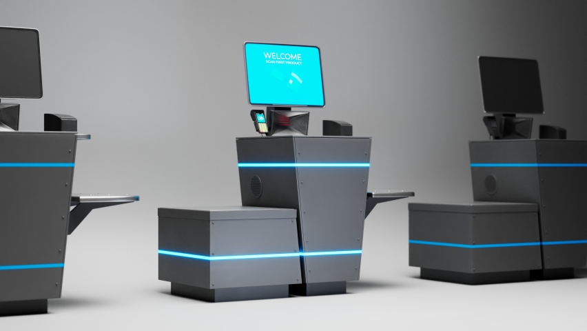 Self-service checkouts in the shop. The alternative to the traditional cashier-staffed checkout. Ready for scanning barcodes and paying for the items. The technology improves the shopping experience | Shutterstock HD Video #1065848764