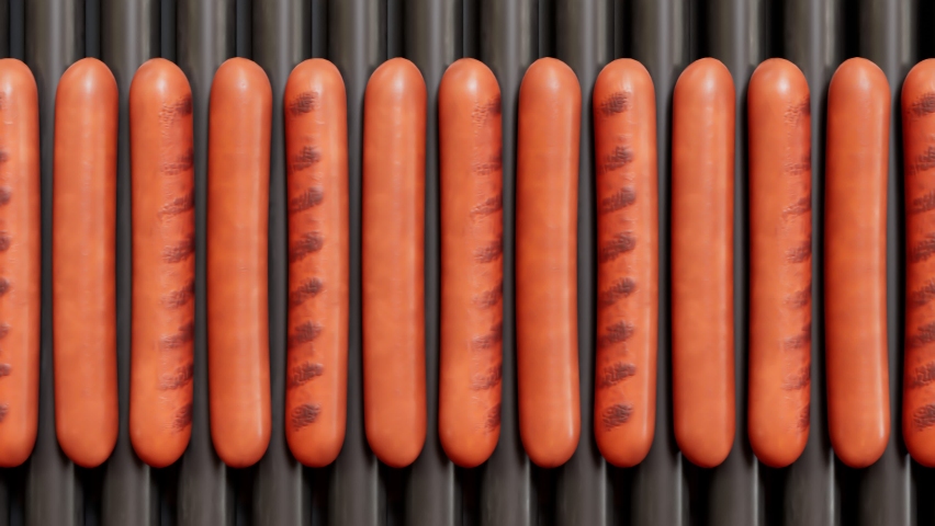 Seamless looping animation of grilling sausages. Roasted rotating sausages on the grill. Process of preparing tasty hotdogs. Delicious meal. Unhealthy food. Hot grilled meat. Barbeque. Dinner time. Royalty-Free Stock Footage #1065848866