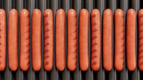 Seamless looping animation of grilling sausages. Roasted rotating sausages on the grill. Process of preparing tasty hotdogs. Delicious meal. Unhealthy food. Hot grilled meat. Barbeque. Dinner time.