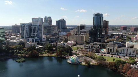 Orlando, Florida, USA - July 15, 2020 : Downtown Orlando; the historic core and central business district of Orlando, Florida. Shot during the COVID Pandemic in July, 2020.