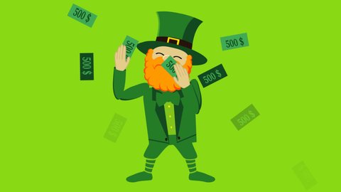 Leprechaun Gnome dancing and squander money. Best St Patrick's Day lucky charm. Vector 2D animation.