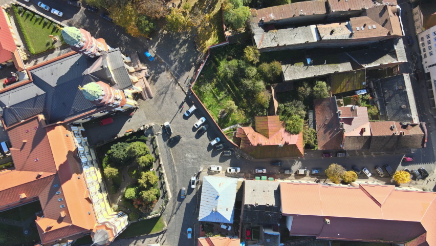View from the height of the city on the roofs of houses, trees view Uzhhorod Ukraine Europe