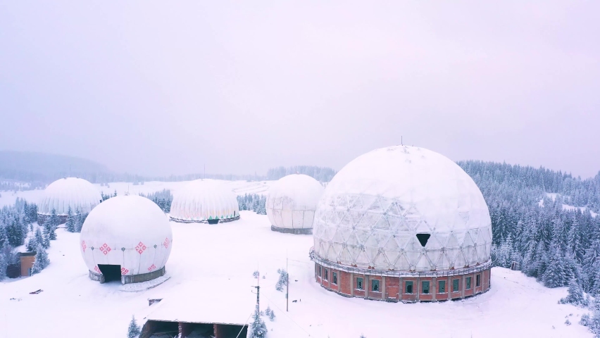 Aerial view of Pamir old military radar station, USSR secret military site, dawn at the former radar station, military unit with antennas, Carpathians, Ukraine