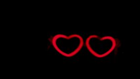 Red neon hearts on black background. Two neon hearts dancing together.