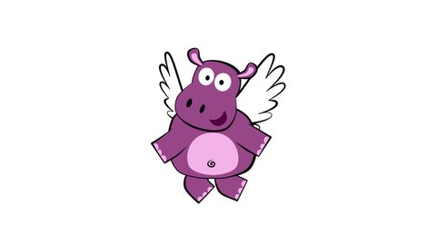
cute hippo cartoon cupid flying. Alpha channel, cycle