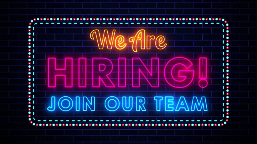 Flickering We Are Hiring Join Our Team Lettering Glowing Light Neon Sign With Motion Dotted And Dashed Border Line On Dark Blue Brick Wall Separated Background 10 Seconds / Loopabe