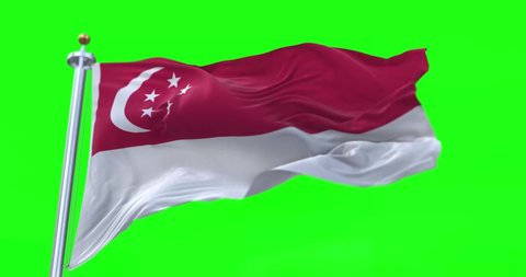 4K 3D Illustration of the waving flag on a pole of country Singapore with Green Screen Chroma Key