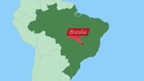 Map of Brazil with pin of country capital. Brazil Map with neighboring countries in green color.