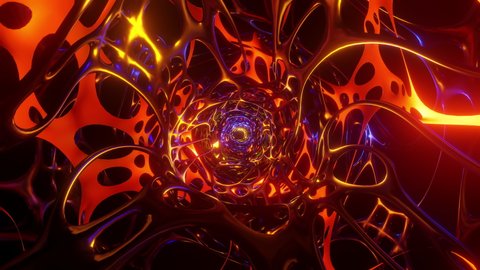 Abstract flight into the organic sci-fi tunnel with glowing blue orange light. 4K 3D endless loop anime comic cartoon style alien light tunnel. Seamless looped visual effect hi-tech title animation.