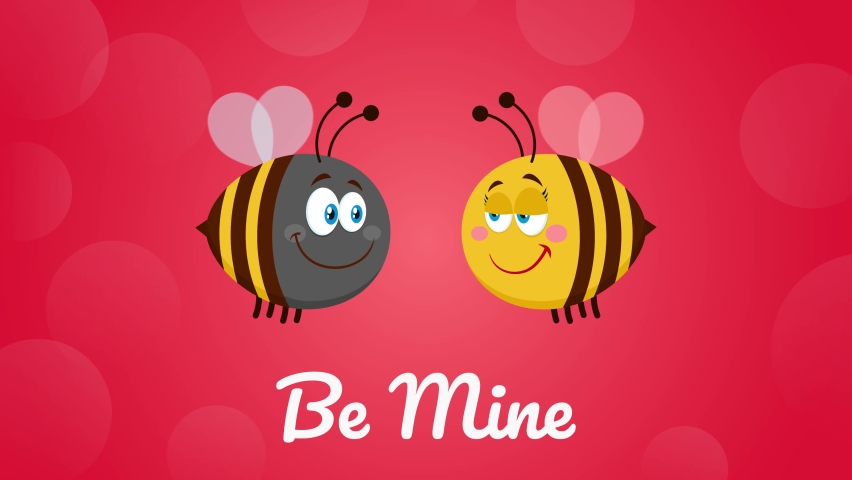 Bee Cartoon Characters Couple In Love With Text. 4K Animation Video Motion Graphics With Red Background