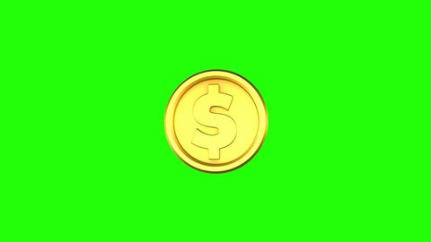 3D animation of one gold coin with a dollar sign rotates in isolation on a green screen. 4K video. Rotation on green screen background for footage. 3d rendering