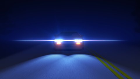 Car driving on night highway, autobahn. Front view. Evening drive. Bright glowing car headlights, lens flare effect. Lights on the country road. Retro wave style. 3D Render. Seamless loop 4K animation