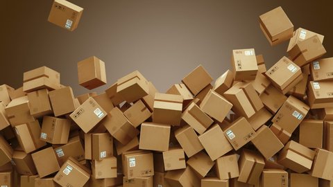 Falling and rotating cardboard boxes. Falling packages. Logistics and retail goods delivery commercial business concept. Professional cinematic slow motion 4K 3d animation.